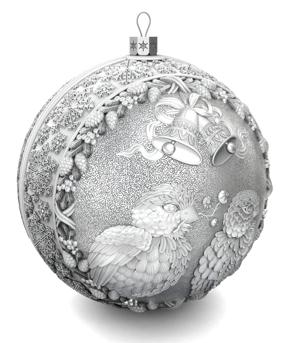 Set of 3 silver Christmas balls "Bells, Happy childhood and Bullfinches"